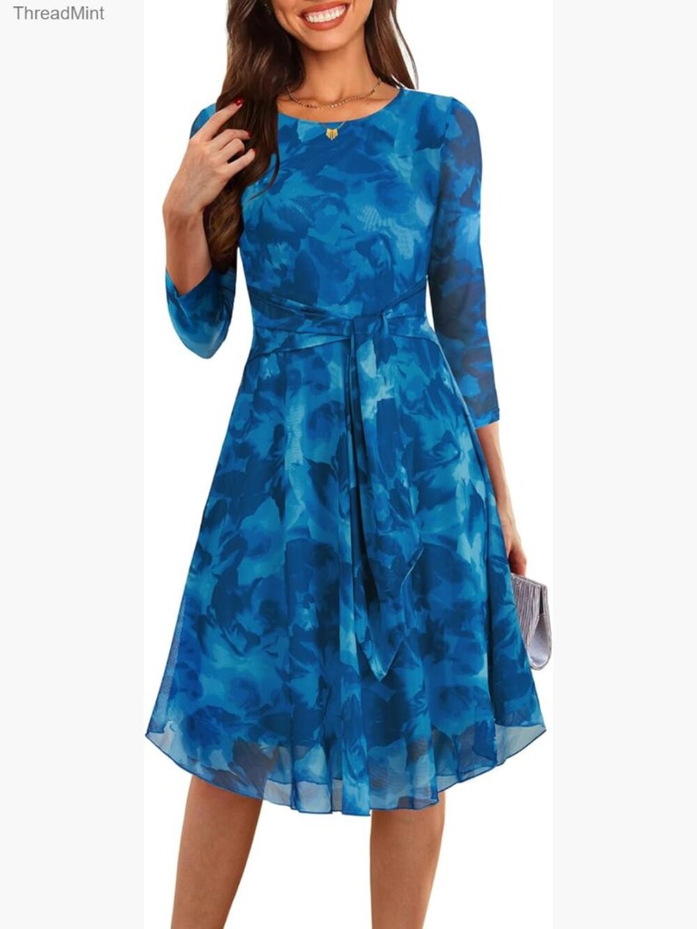 3/4 Sleeve Floral Midi Dress Mesh Cocktail Party Wedding Guest A-Line